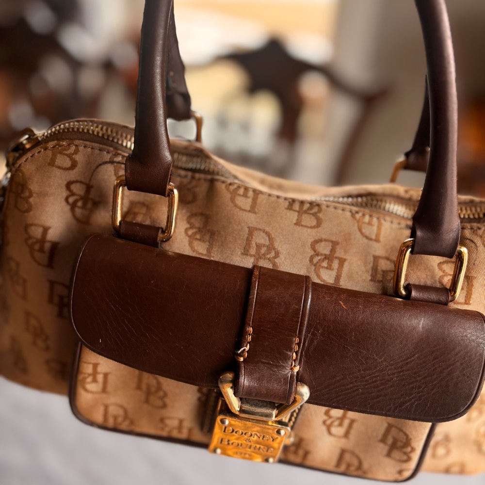 Dooney & Bourke Tan and Brown Logo Satchel with Gold Hardware